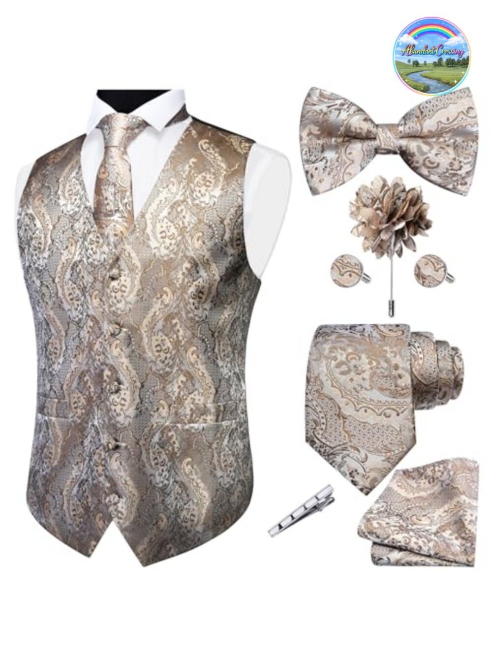 Men's Paisley Jacquard Vest Tie Bow Tie Hanky Lapel Pin Cufflinks Set 7PCS